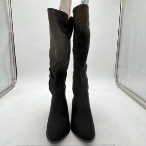 Black Women Stylish Knee High Boots Faux Suede Thigh High Low Block Heel Boots